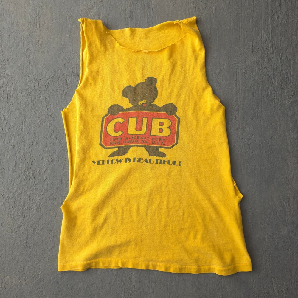 Vintage 60s Yellow Tank Top S Piper Aircraft Cub Bear Graphic